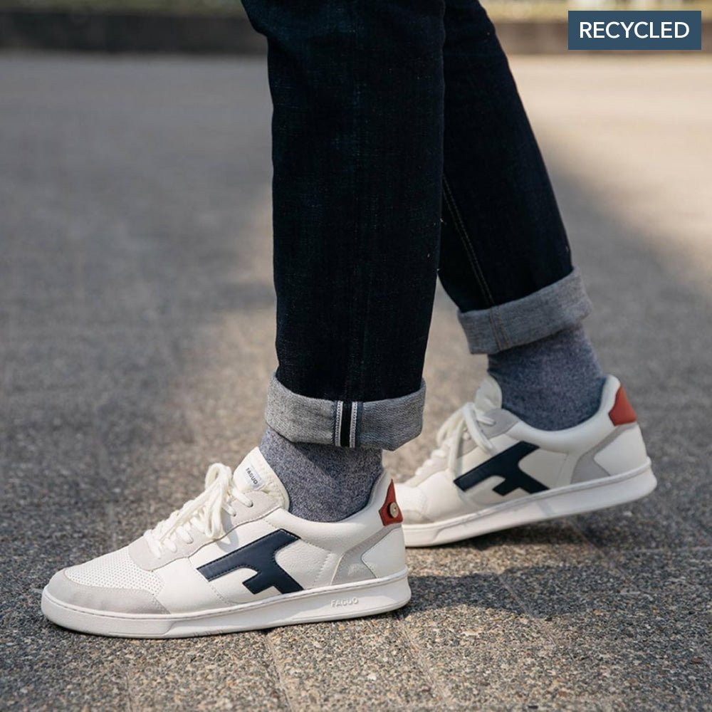 FAGUO recycled Leather Sneaker Navy And Beige on model