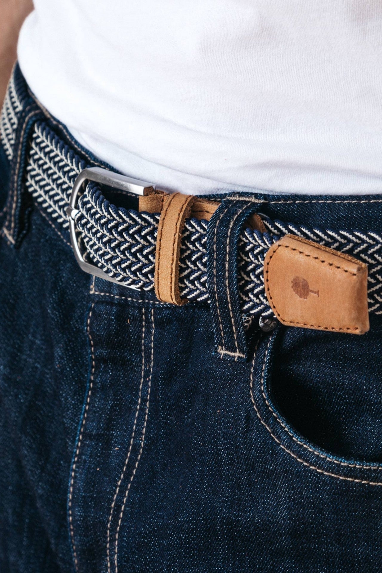 Faguo - Navy belt with beige pattern in recycled polyester - The Good Chic