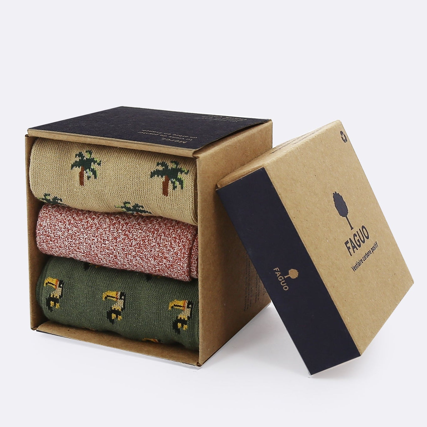 Faguo - Set of 3X Socks - Sand and Kaki with Bird and Palm Trees - The Good Chic