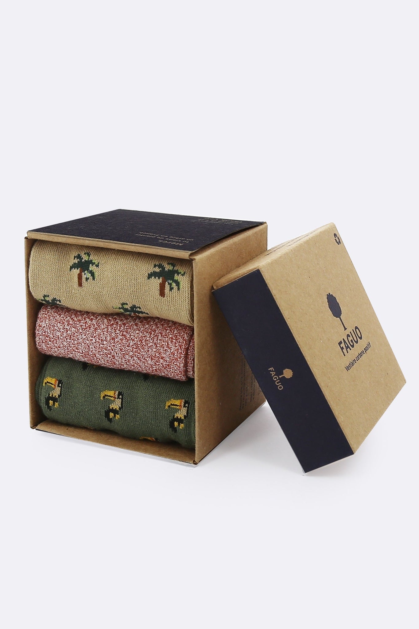 Faguo - Set of 3X Socks - Sand and Kaki with Bird and Palm Trees - The Good Chic