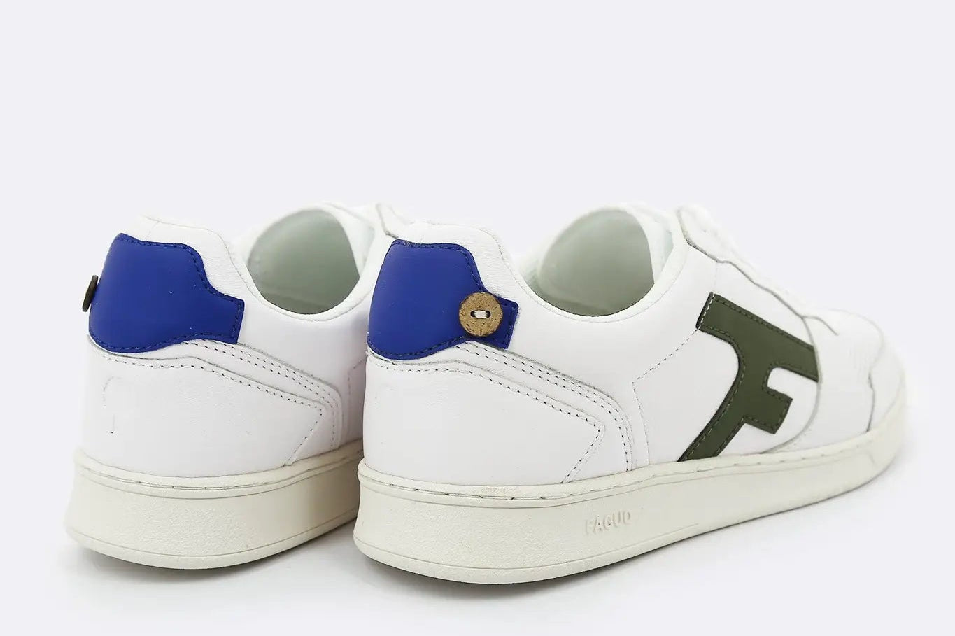 Hazel - White, Kaki & Blue sneakers in Leather - The Good Chic