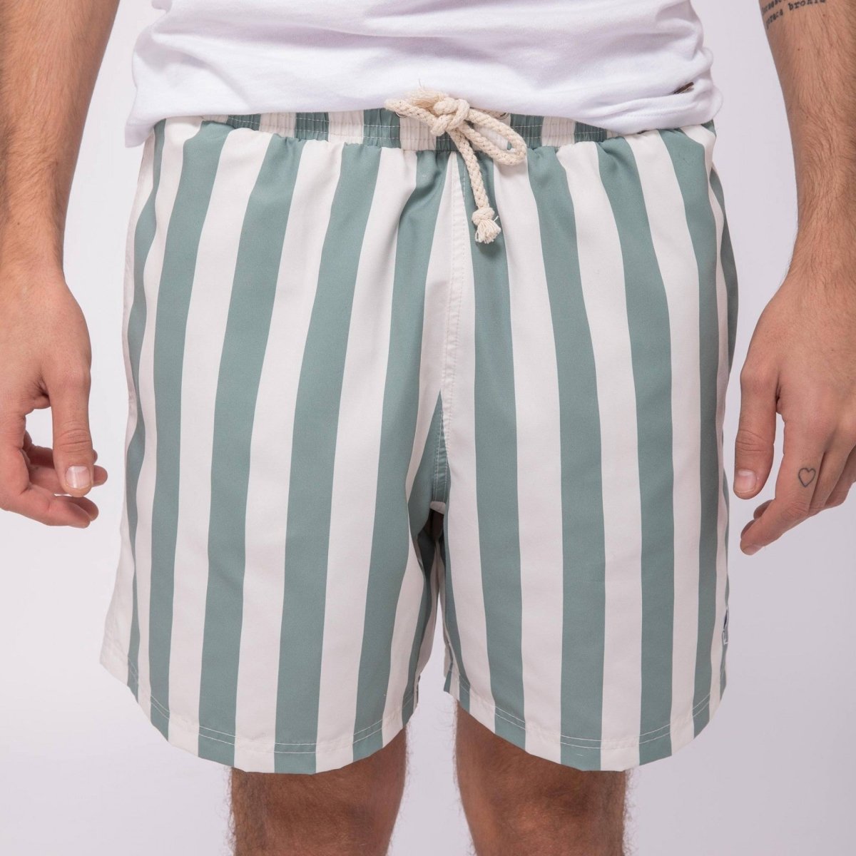 Mimizan Ecru & Green Stripes Swim Shorts - The Good Chic