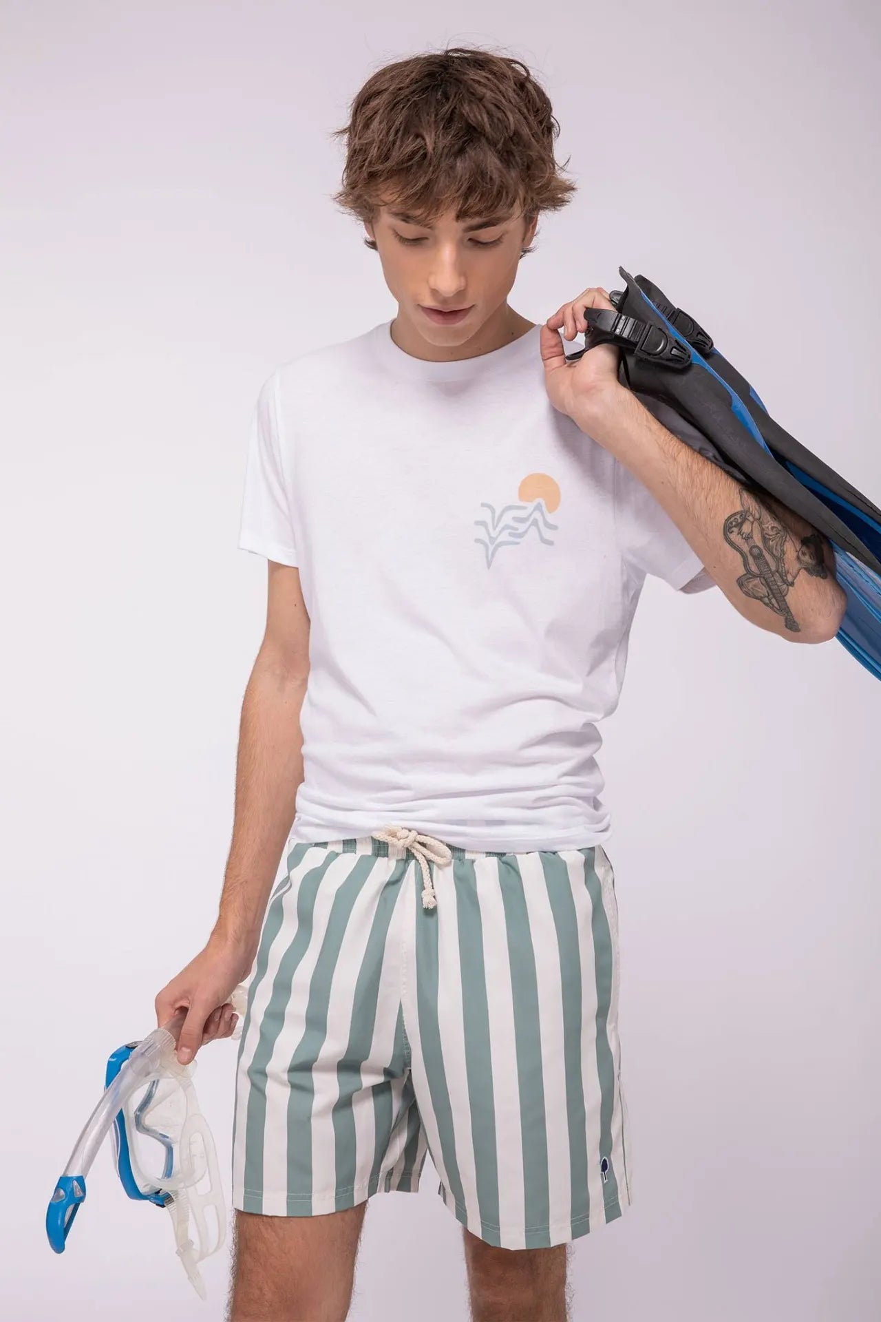 Mimizan Ecru & Green Stripes Swim Shorts - The Good Chic