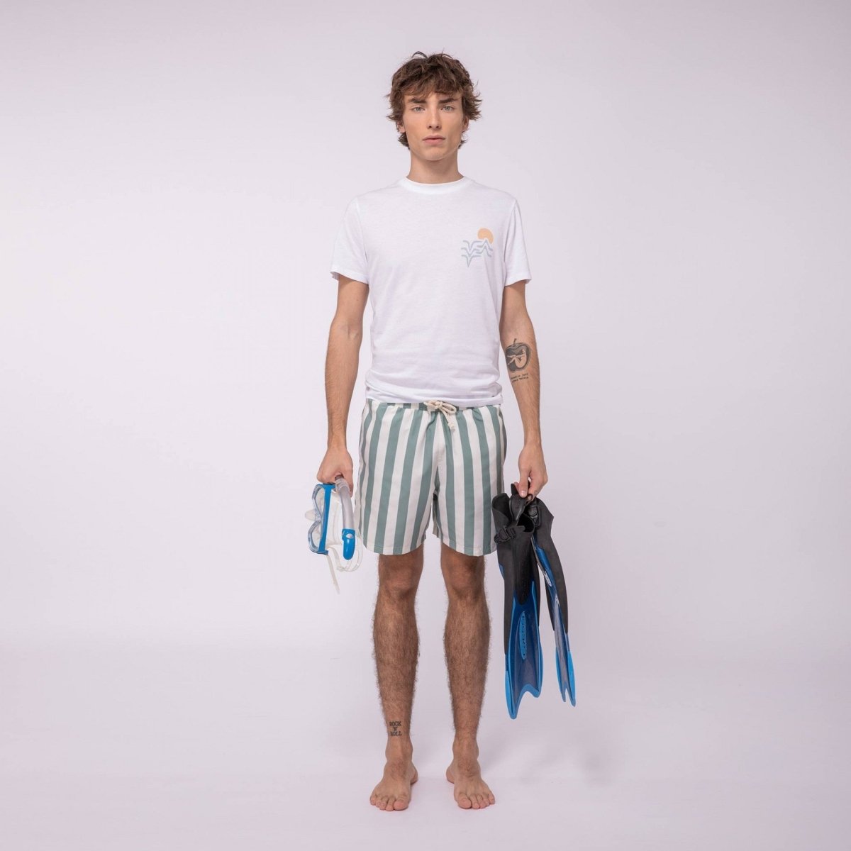 Mimizan Ecru & Green Stripes Swim Shorts - The Good Chic