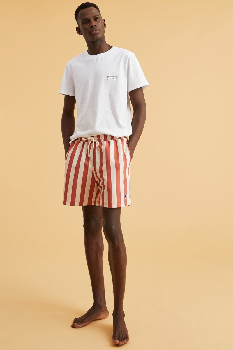 Mimizan Ecru & Terracota Stripes Swim Shorts - The Good Chic