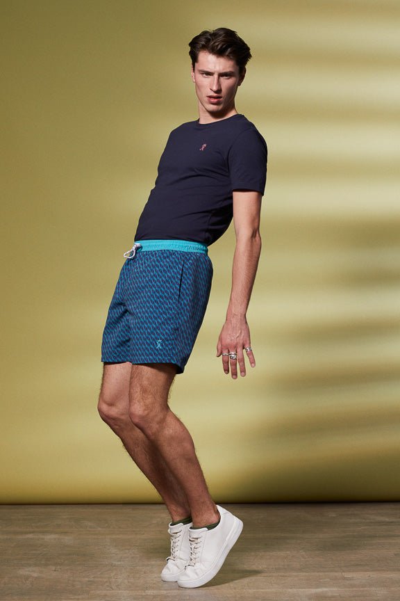 Vicomte A - Dark Blue Monogram Swimshorts - Malone - The Good Chic