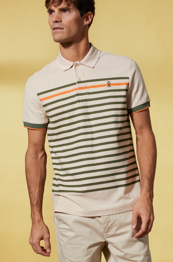 Vicomte A - Light Beige Striped Short Sleeve Polo Shirt - Piero - The Good Chic