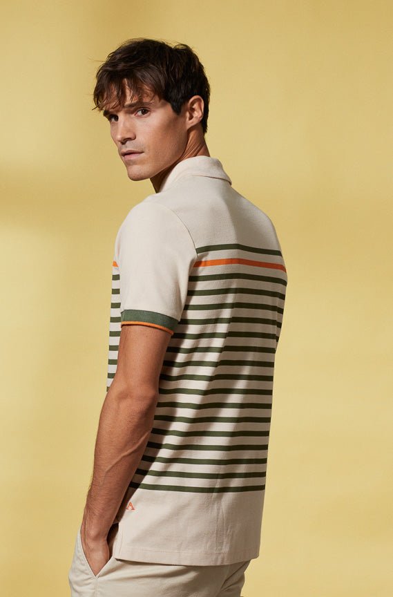 Vicomte A - Light Beige Striped Short Sleeve Polo Shirt - Piero - The Good Chic