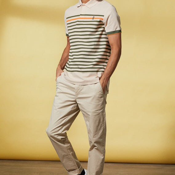 Vicomte A - Light Beige Striped Short Sleeve Polo Shirt - Piero - The Good Chic