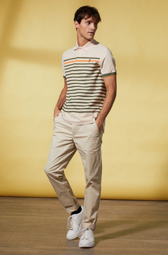 Vicomte A - Light Beige Striped Short Sleeve Polo Shirt - Piero - The Good Chic