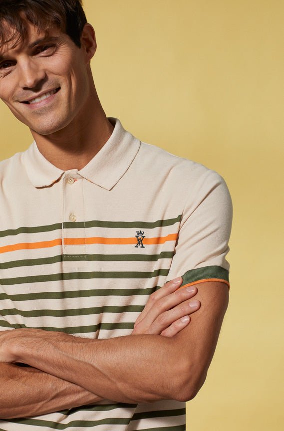 Vicomte A - Light Beige Striped Short Sleeve Polo Shirt - Piero - The Good Chic
